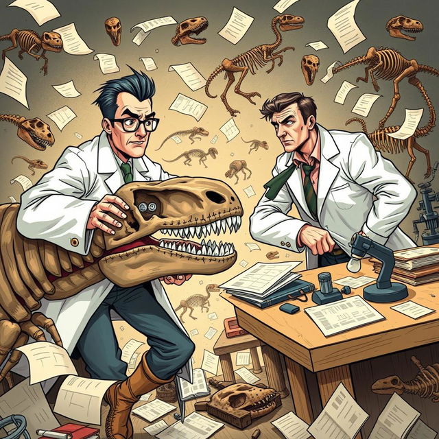 A dramatic illustration representing the fierce rivalry between scientists, depicted through two figures symbolizing competition in scientific discovery