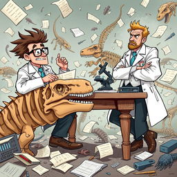 A dramatic illustration representing the fierce rivalry between scientists, depicted through two figures symbolizing competition in scientific discovery