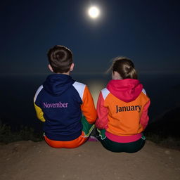 A 17 year old boy and a 16 year old girl sitting on a mountain at night, overlooking the sea