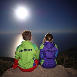 A 17 year old boy and a 16 year old girl sitting on a mountain at night, overlooking the sea