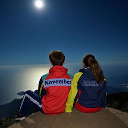 A 17 year old boy and a 16 year old girl sitting on a mountain at night, overlooking the sea