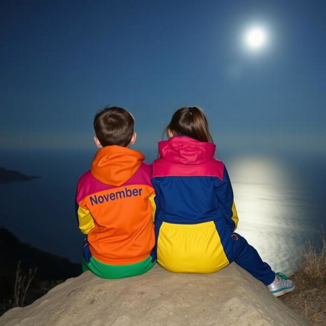 A 17 year old boy and a 16 year old girl sitting on a mountain at night, overlooking the sea