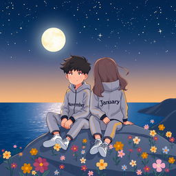 A cartoon-style illustration of a 17-year-old boy and a 16-year-old girl sitting on a mountain at night by the sea