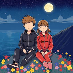 A cartoon-style illustration of a 17-year-old boy and a 16-year-old girl sitting on a mountain at night by the sea