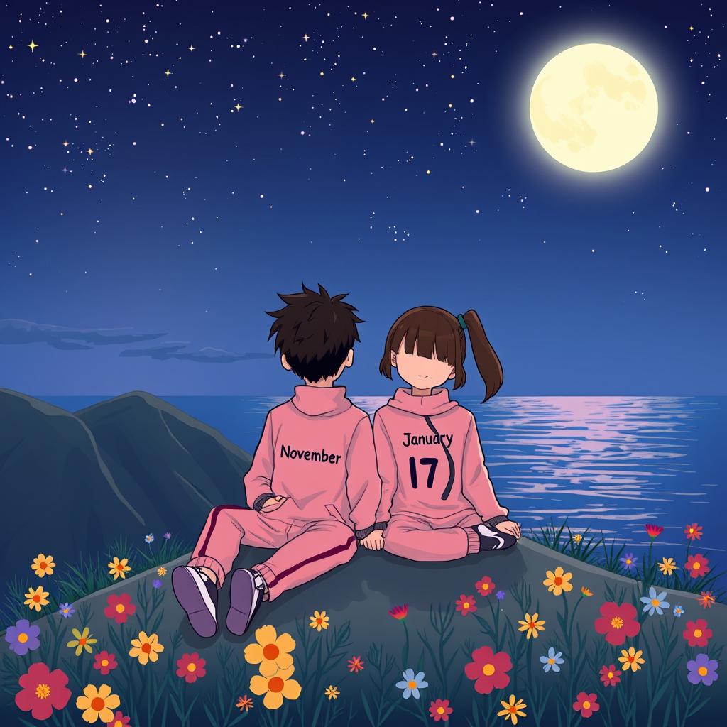 A cartoon-style illustration of a 17-year-old boy and a 16-year-old girl sitting on a mountain at night by the sea