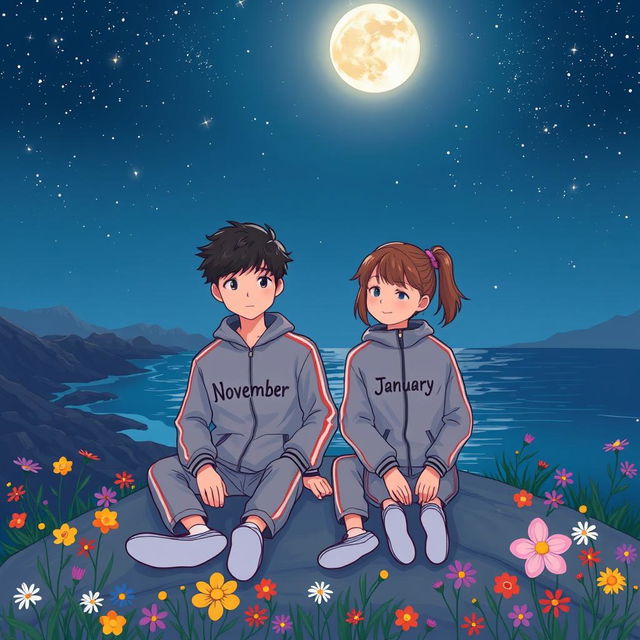 A cartoon-style illustration of a 17-year-old boy and a 16-year-old girl sitting on a mountain at night by the sea