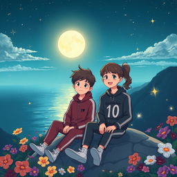 A beautifully illustrated cartoon scene of a 17-year-old boy and a 16-year-old girl sitting on a mountain overlooking a serene sea at night