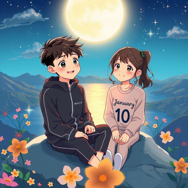 A beautifully illustrated cartoon scene of a 17-year-old boy and a 16-year-old girl sitting on a mountain overlooking a serene sea at night