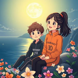 A beautifully illustrated cartoon scene of a 17-year-old boy and a 16-year-old girl sitting on a mountain overlooking a serene sea at night
