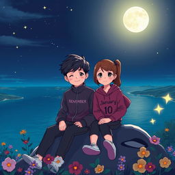 A beautifully illustrated cartoon scene of a 17-year-old boy and a 16-year-old girl sitting on a mountain overlooking a serene sea at night
