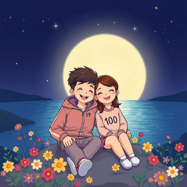 A cartoon-style illustration of a 17-year-old boy and a 16-year-old girl sitting together on a mountain overlooking the sea at night