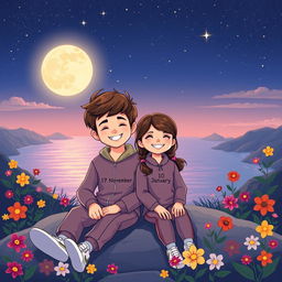 A cartoon-style illustration of a 17-year-old boy and a 16-year-old girl sitting together on a mountain overlooking the sea at night