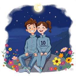 A cartoon-style illustration of a 17-year-old boy and a 16-year-old girl sitting together on a mountain overlooking the sea at night