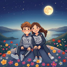 A cartoon-style illustration of a 17-year-old boy and a 16-year-old girl sitting together on a mountain overlooking the sea at night