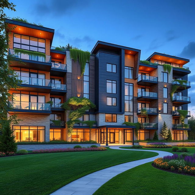 A stunning exterior view of a contemporary five-story apartment building, showcasing a mix of modern architectural elements such as large glass windows, balconies with sleek railings, and a unique facade made of alternating wood and stone panels