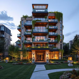 A stunning exterior view of a contemporary five-story apartment building, showcasing a mix of modern architectural elements such as large glass windows, balconies with sleek railings, and a unique facade made of alternating wood and stone panels