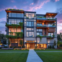 A stunning exterior view of a contemporary five-story apartment building, showcasing a mix of modern architectural elements such as large glass windows, balconies with sleek railings, and a unique facade made of alternating wood and stone panels