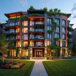 A stunning exterior view of a contemporary five-story apartment building, showcasing a mix of modern architectural elements such as large glass windows, balconies with sleek railings, and a unique facade made of alternating wood and stone panels