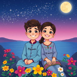 A beautifully illustrated cartoon scene featuring a 17-year-old boy and a 16-year-old girl sitting together on a mountain at night, overlooking a serene sea