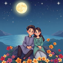 A beautifully illustrated cartoon scene featuring a 17-year-old boy and a 16-year-old girl sitting together on a mountain at night, overlooking a serene sea