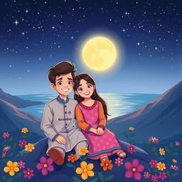 A beautifully illustrated cartoon scene featuring a 17-year-old boy and a 16-year-old girl sitting together on a mountain at night, overlooking a serene sea