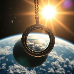A beautiful vintage locket falling towards Earth from space, capturing the shimmering glow of the sun as it reflects off its polished surface