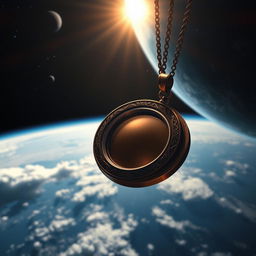 A beautiful vintage locket falling towards Earth from space, capturing the shimmering glow of the sun as it reflects off its polished surface