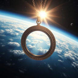 A beautiful vintage locket falling towards Earth from space, capturing the shimmering glow of the sun as it reflects off its polished surface