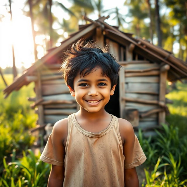 A 10-year-old boy with messy black hair, wearing simple clothes, standing confidently in front of a small wooden hut