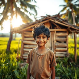 A 10-year-old boy with messy black hair, wearing simple clothes, standing confidently in front of a small wooden hut