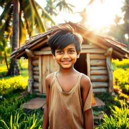 A 10-year-old boy with messy black hair, wearing simple clothes, standing confidently in front of a small wooden hut