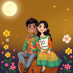 A 17-year-old boy and a 16-year-old girl sitting together on a traditional jhola (woven bag) under a bright moon