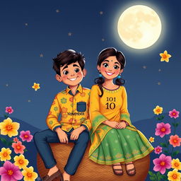 A 17-year-old boy and a 16-year-old girl sitting together on a traditional jhola (woven bag) under a bright moon