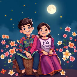 A 17-year-old boy and a 16-year-old girl sitting together on a traditional jhola (woven bag) under a bright moon