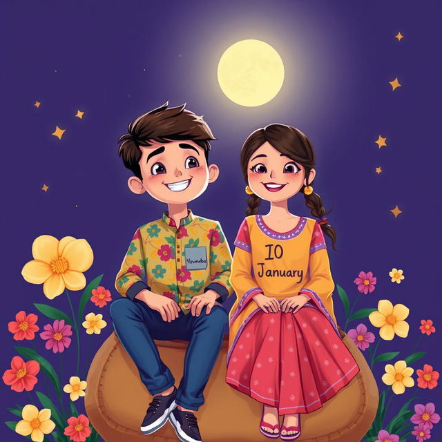 A 17-year-old boy and a 16-year-old girl sitting together on a traditional jhola (woven bag) under a bright moon