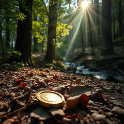A serene forest scene with sunlight filtering through the tall trees