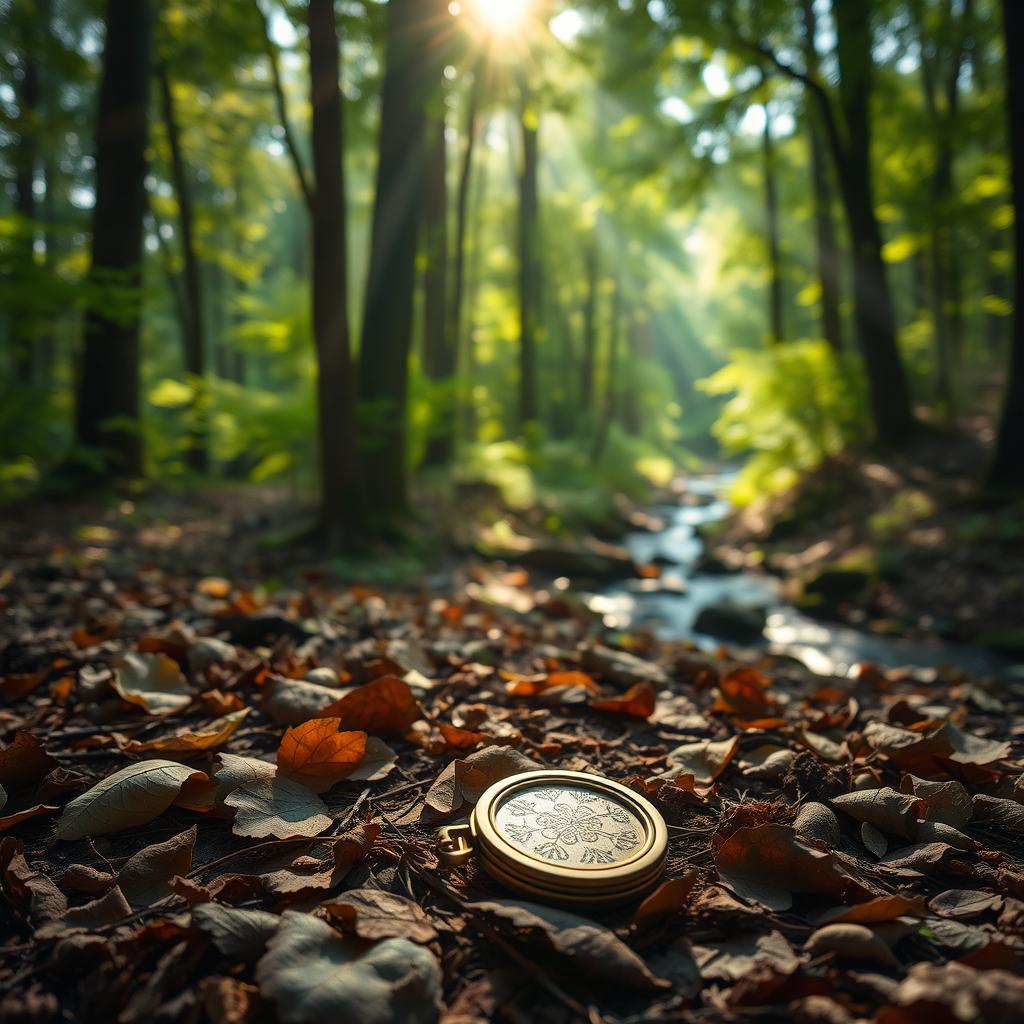 A serene forest scene with sunlight filtering through the tall trees