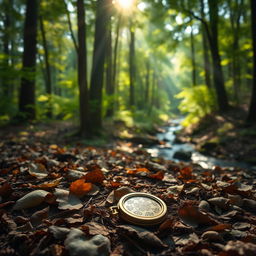 A serene forest scene with sunlight filtering through the tall trees