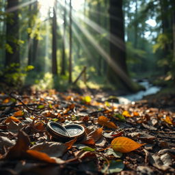 A serene forest scene with sunlight filtering through the tall trees