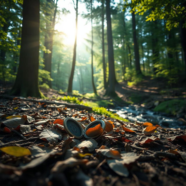 A serene forest scene with sunlight filtering through the tall trees