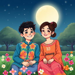 A charming cartoon style illustration of a 17-year-old boy and a 16-year-old girl sitting together in a park under a full moon