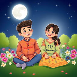 A charming cartoon style illustration of a 17-year-old boy and a 16-year-old girl sitting together in a park under a full moon