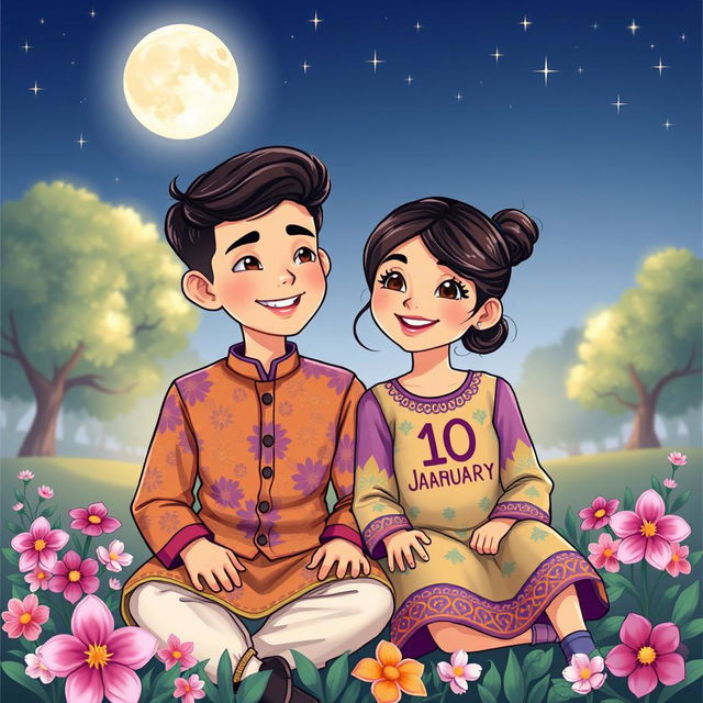 A charming cartoon style illustration of a 17-year-old boy and a 16-year-old girl sitting together in a park under a full moon