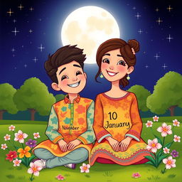 A charming cartoon style illustration of a 17-year-old boy and a 16-year-old girl sitting together in a park under a full moon