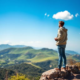 A solitary tourist exploring a picturesque landscape, featuring lush green hills in the background and a clear blue sky