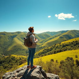 A solitary tourist exploring a picturesque landscape, featuring lush green hills in the background and a clear blue sky
