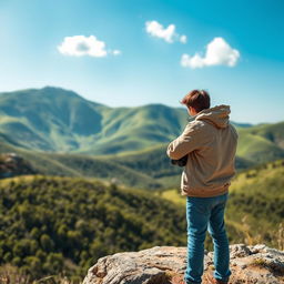 A solitary tourist exploring a picturesque landscape, featuring lush green hills in the background and a clear blue sky