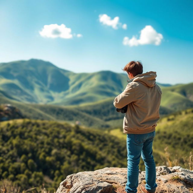 A solitary tourist exploring a picturesque landscape, featuring lush green hills in the background and a clear blue sky