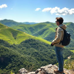 A solitary tourist exploring a picturesque landscape, featuring lush green hills in the background and a clear blue sky