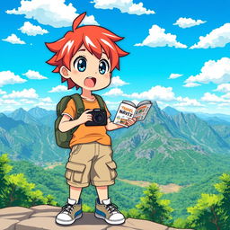An anime character depicted as a tourist, standing in front of a beautiful scenic view